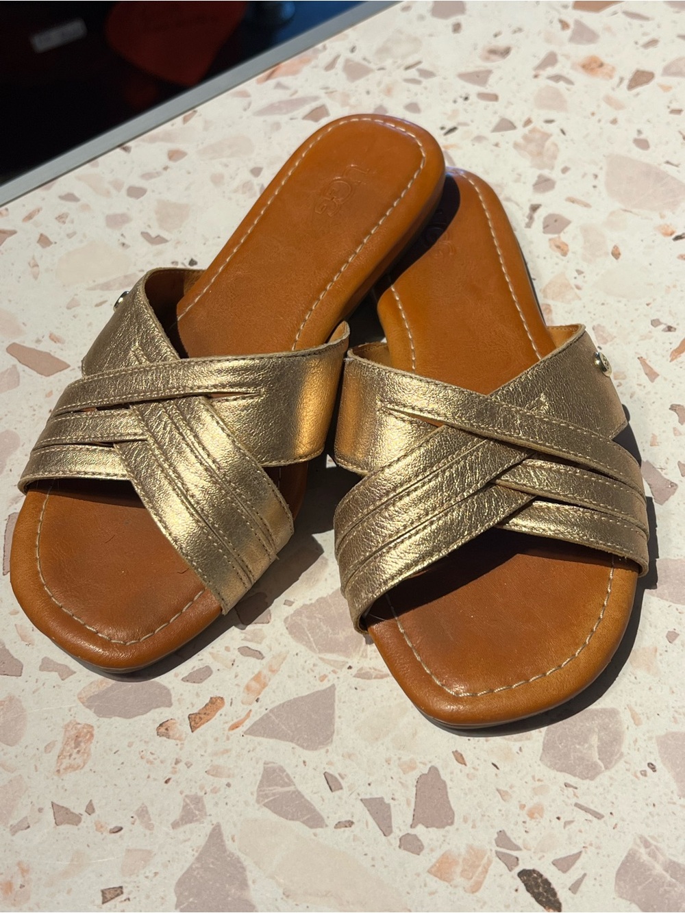 UGG Women’s Metallic Gold Crisscross Slide Sandals Size 6